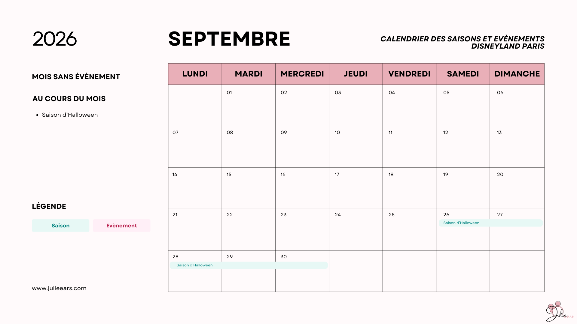 Calendrier saison évènement Disneyland Paris France - 2026 Septembre